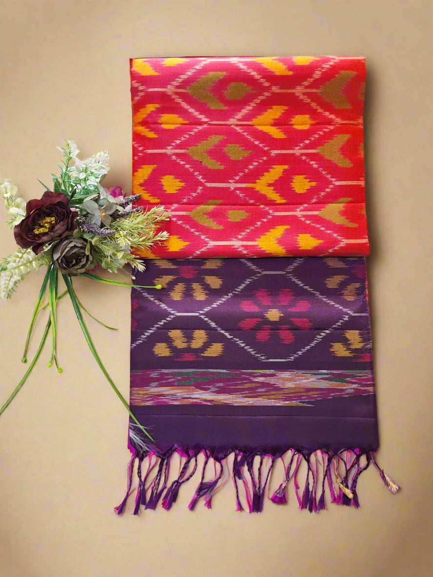 Pure Handloom Soft Silk - Orange-Purple Pochampally Ikat pattern