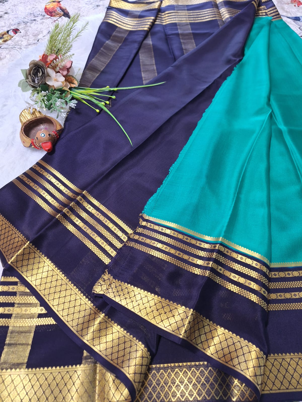 Pure Mysore Crepe Silk - Pine Green & Navy Blue Embellished border