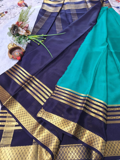 Pure Mysore Crepe Silk - Pine Green & Navy Blue Embellished border