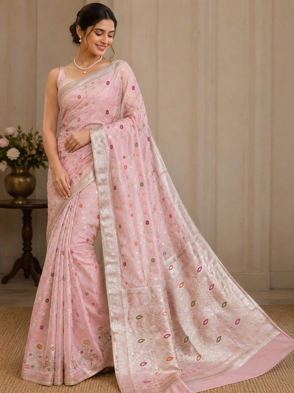 Pure Handloom Chiniya Silk - Baby Pink with heavy Meenakari work