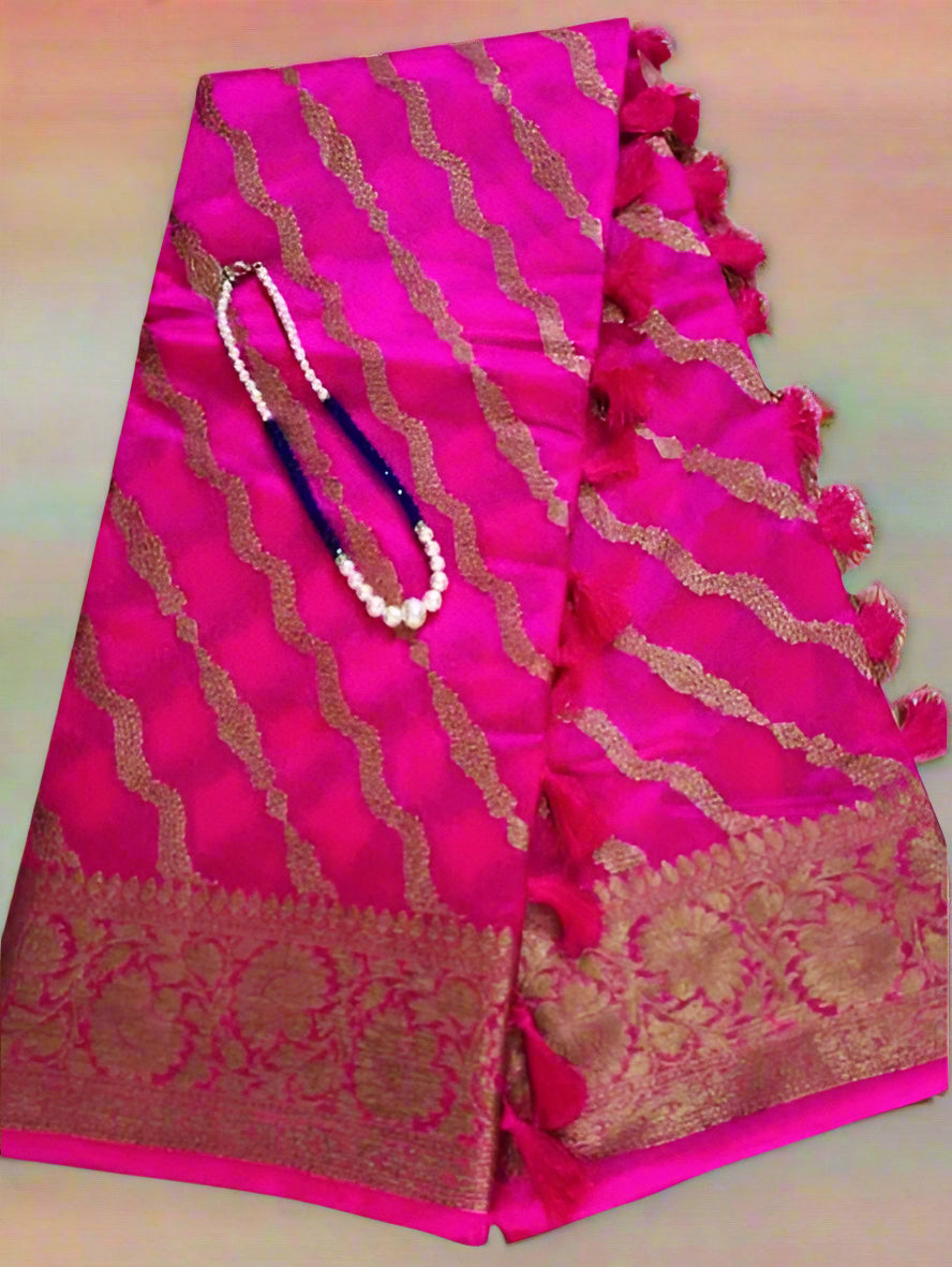 Pure Handloom Banarasi Silk - Rani Pink Gold Antique Zari