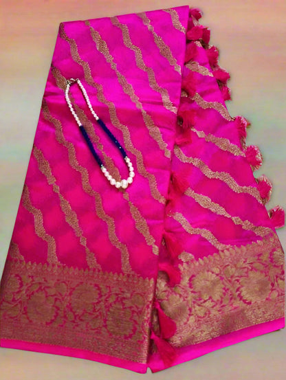 Pure Handloom Banarasi Silk - Rani Pink Gold Antique Zari