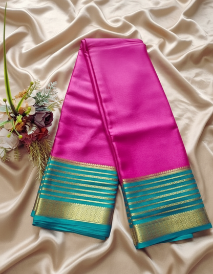 Pure Mysore Crepe Silk - Fuschia pink Florescent blue Embellised border