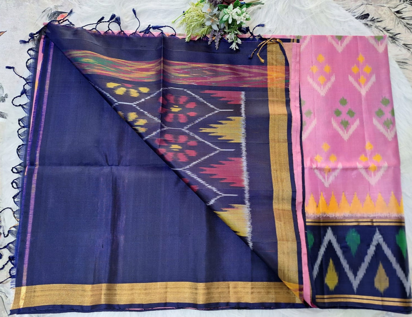Pure Handloom Soft Silk-Baby Pink-Navy Blue Pochampally Ikat pattern