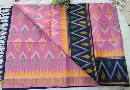 Pure Handloom Soft Silk-Baby Pink-Navy Blue Pochampally Ikat pattern