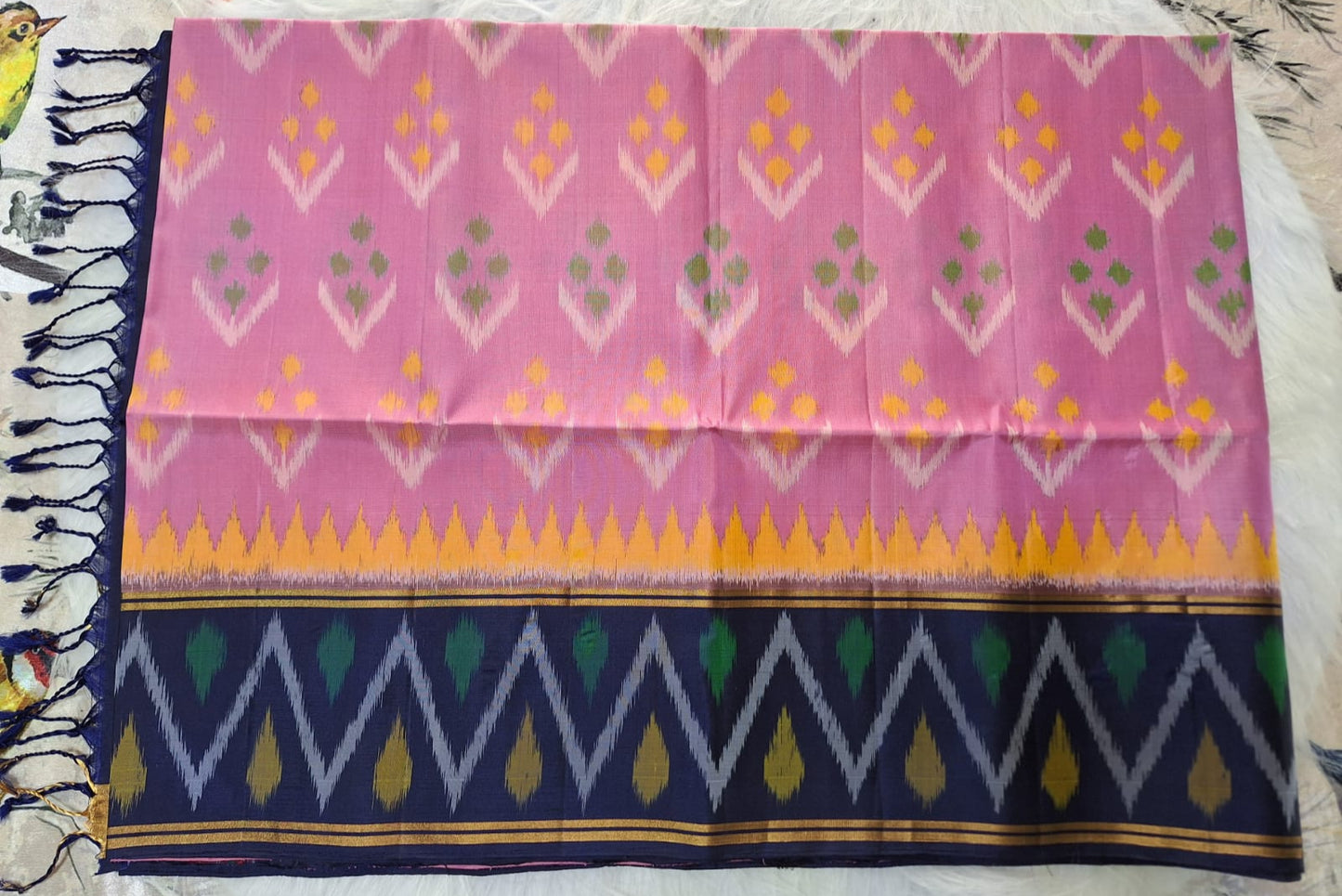 Pure Handloom Soft Silk-Baby Pink-Navy Blue Pochampally Ikat pattern