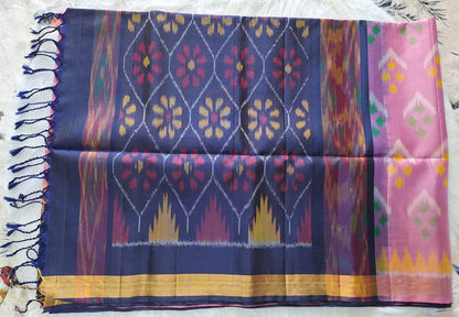 Pure Handloom Soft Silk-Baby Pink-Navy Blue Pochampally Ikat pattern