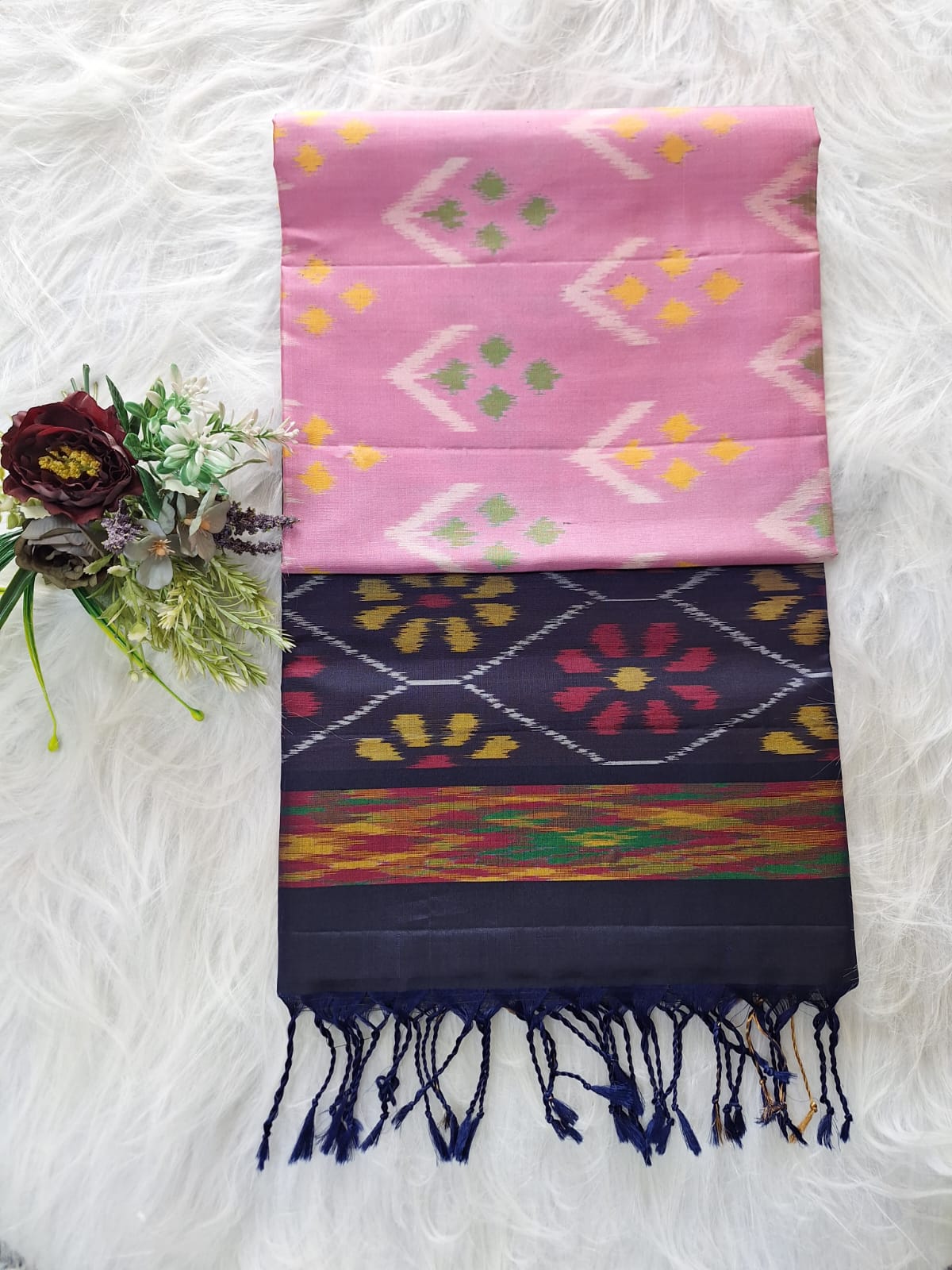 Pure Handloom Soft Silk-Baby Pink-Navy Blue Pochampally Ikat pattern