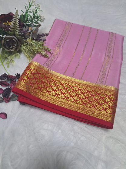 Pure Mysore Crepe Silk - Soft Pastel Pink & Red Golden vertical zari lines