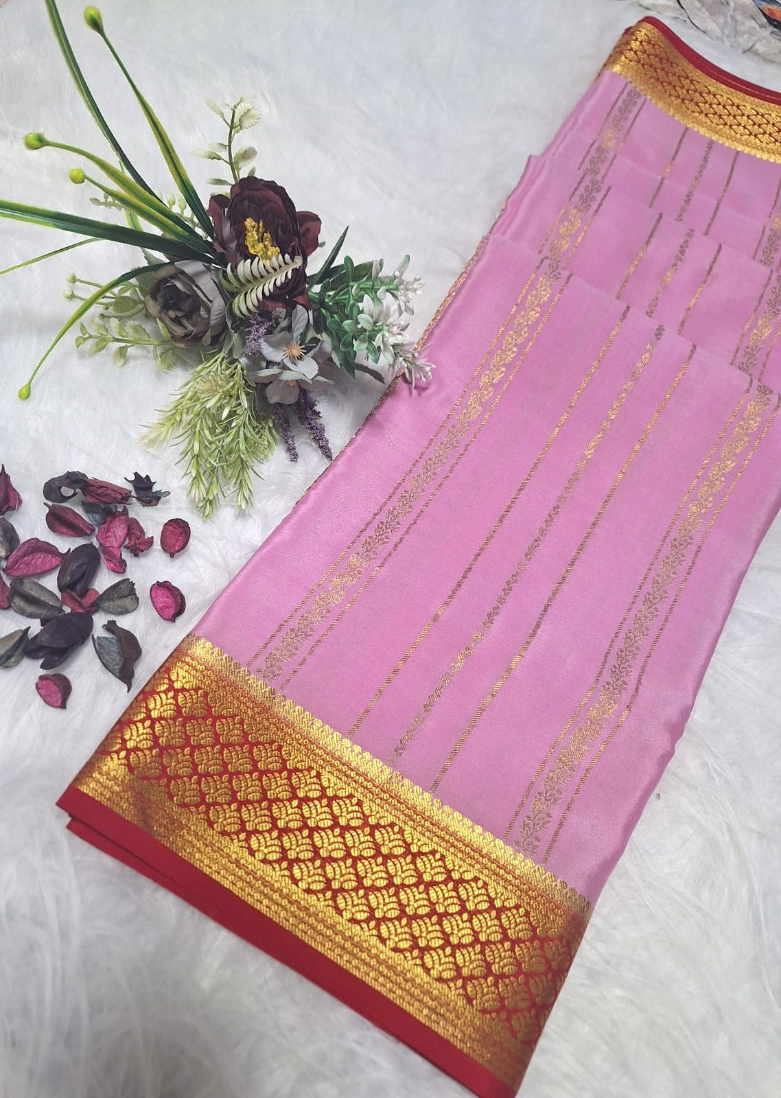 Pure Mysore Crepe Silk - Soft Pastel Pink & Red Golden vertical zari lines