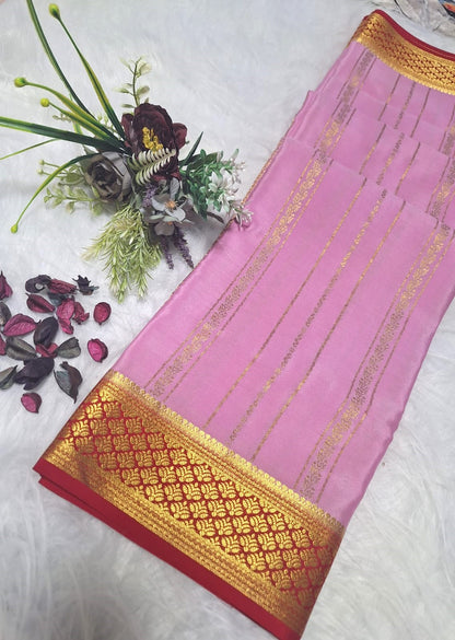 Pure Mysore Crepe Silk - Soft Pastel Pink & Red Golden vertical zari lines