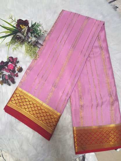 Pure Mysore Crepe Silk - Soft Pastel Pink & Red Golden vertical zari lines