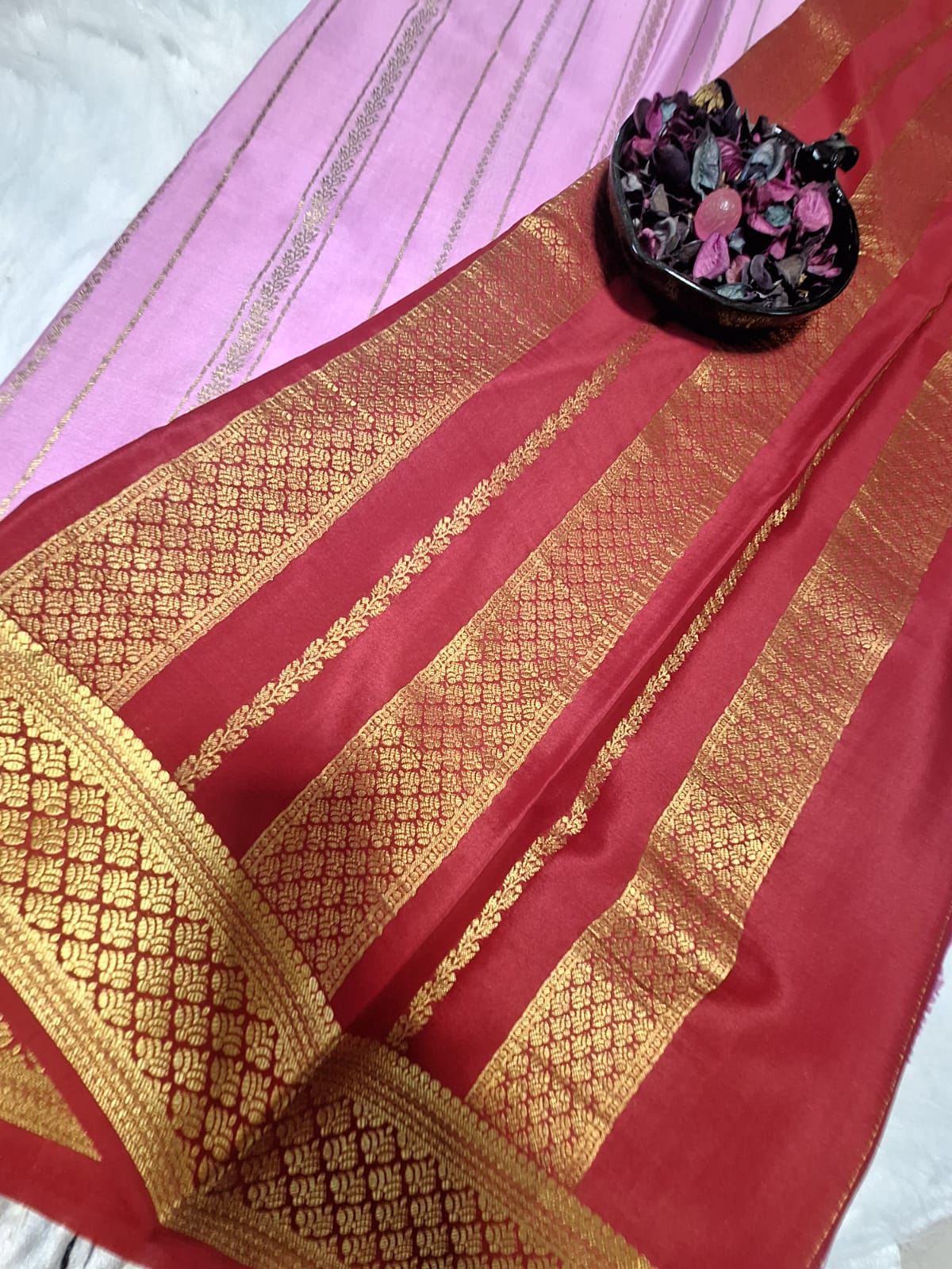 Pure Mysore Crepe Silk - Soft Pastel Pink & Red Golden vertical zari lines