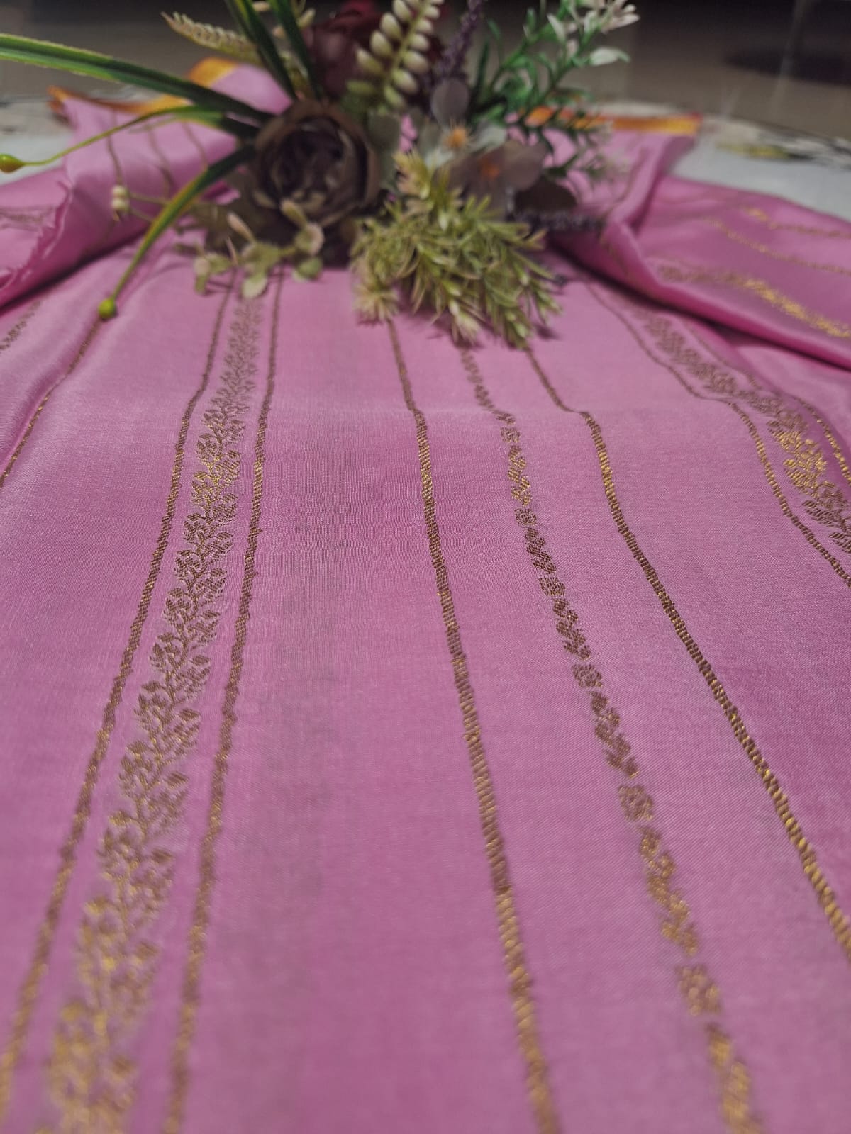 Pure Mysore Crepe Silk - Soft Pastel Pink & Red Golden vertical zari lines