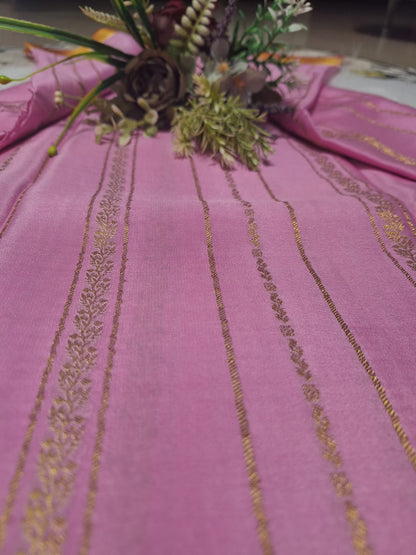 Pure Mysore Crepe Silk - Soft Pastel Pink & Red Golden vertical zari lines