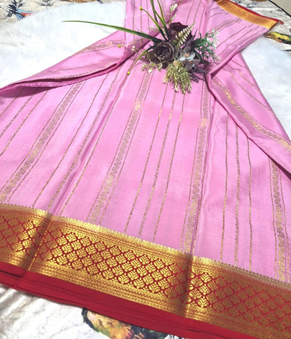Pure Mysore Crepe Silk - Soft Pastel Pink & Red Golden vertical zari lines