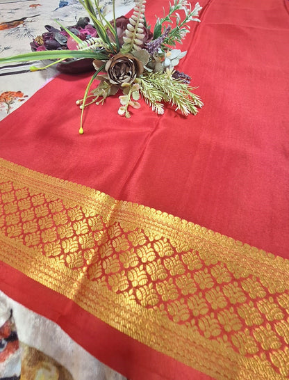 Pure Mysore Crepe Silk - Soft Pastel Pink & Red Golden vertical zari lines
