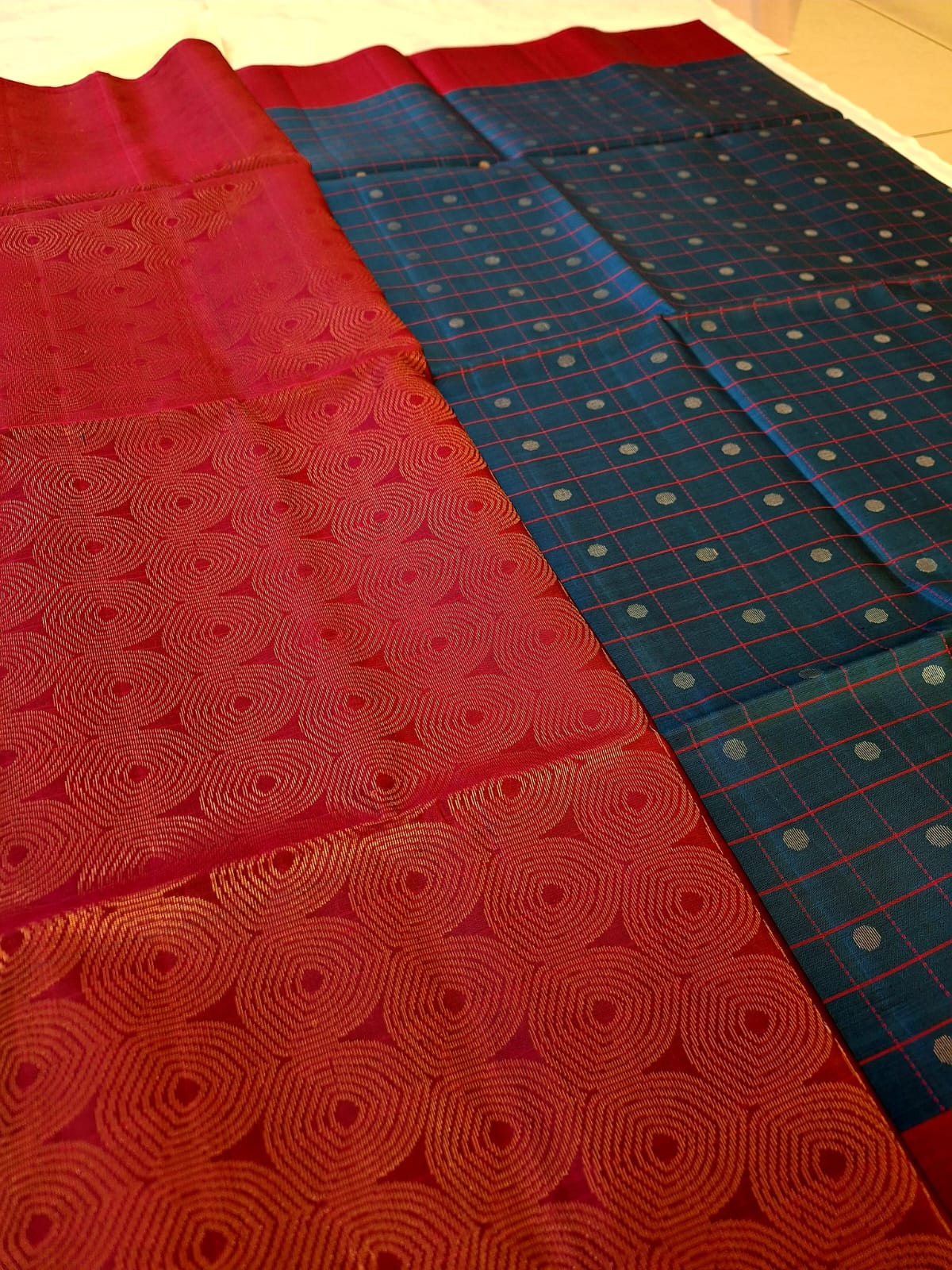 Pure Handloom Soft Silk - Matte Navy Blue & Magenta with Polka dots