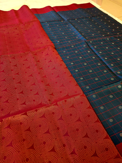 Pure Handloom Soft Silk - Matte Navy Blue & Magenta with Polka dots