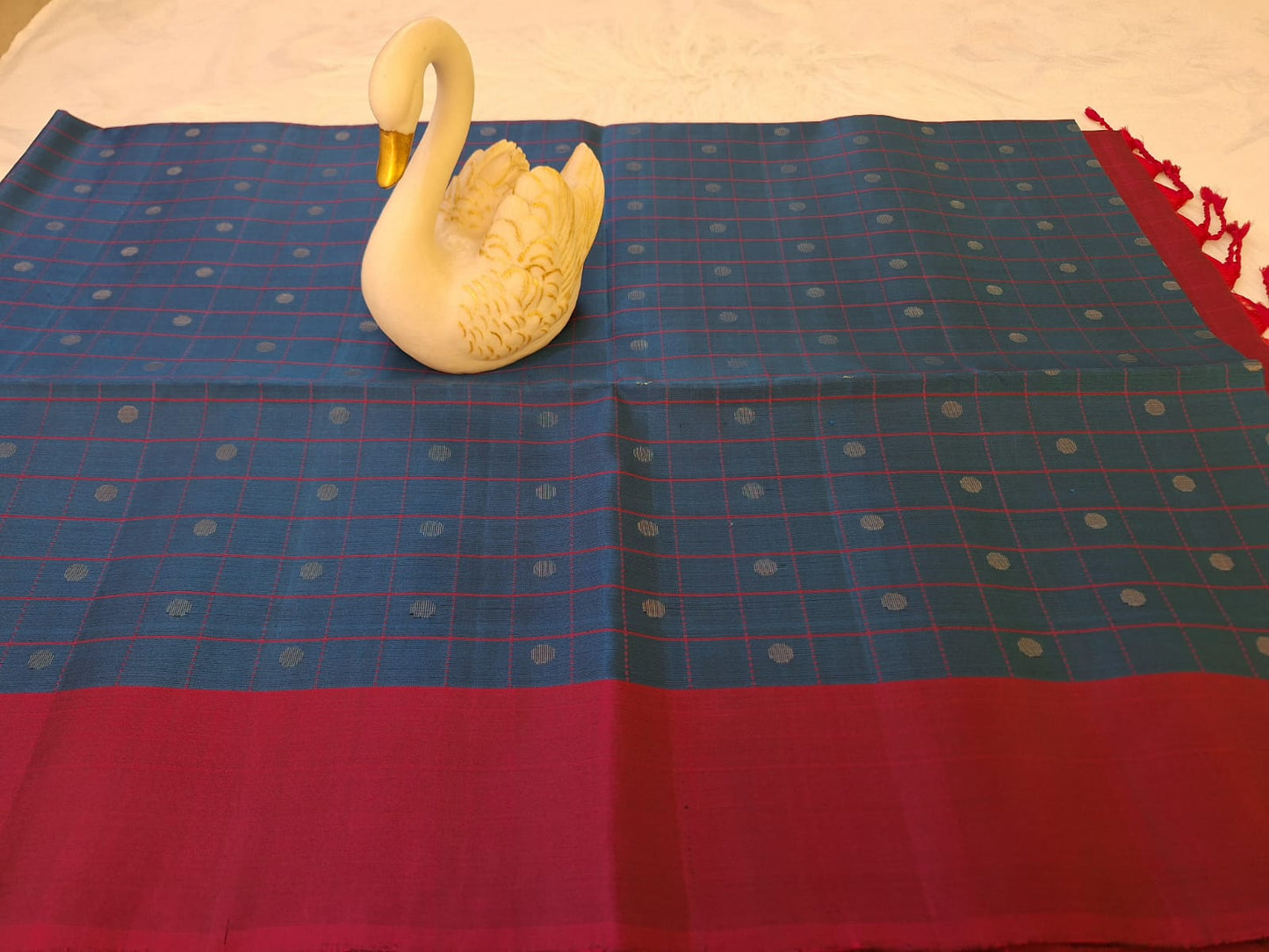 Pure Handloom Soft Silk - Matte Navy Blue & Magenta with Polka dots