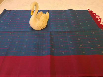 Pure Handloom Soft Silk - Matte Navy Blue & Magenta with Polka dots