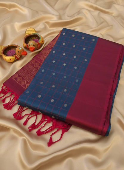 Pure Handloom Soft Silk - Matte Navy Blue & Magenta with Polka dots