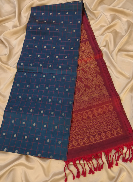 Pure Handloom Soft Silk - Matte Navy Blue & Magenta with Polka dots