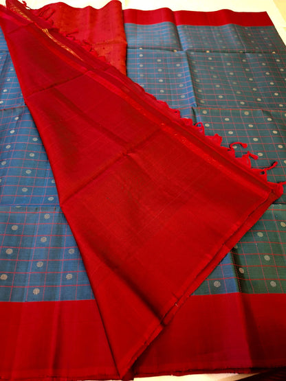 Pure Handloom Soft Silk - Matte Navy Blue & Magenta with Polka dots