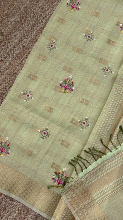 Pure Handloom Cotton - Pastel Green with handwork