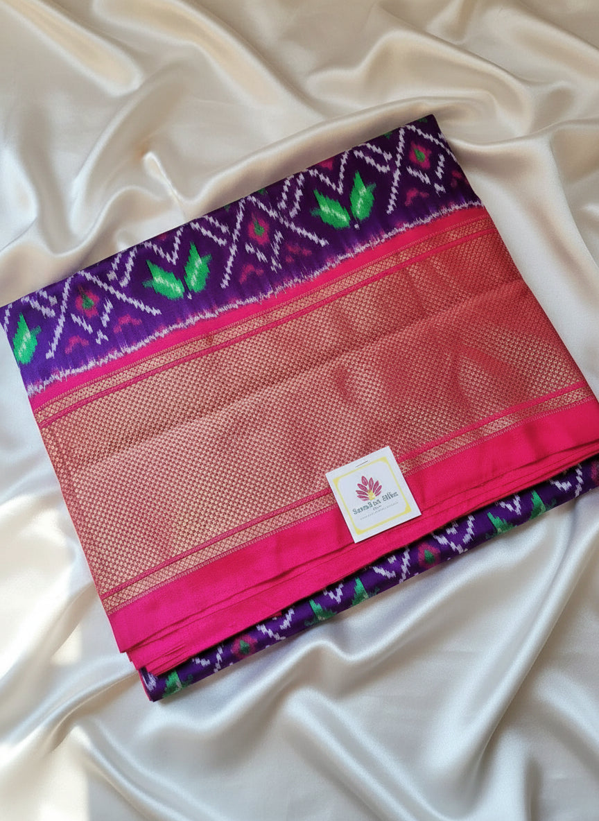 Pure Handloom Pochampally Ikat - Rangoli motifs - Purple with Pink