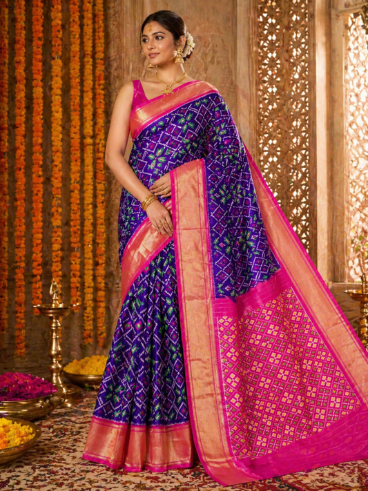 Pure Handloom Pochampally Ikat - Rangoli motifs - Purple with Pink