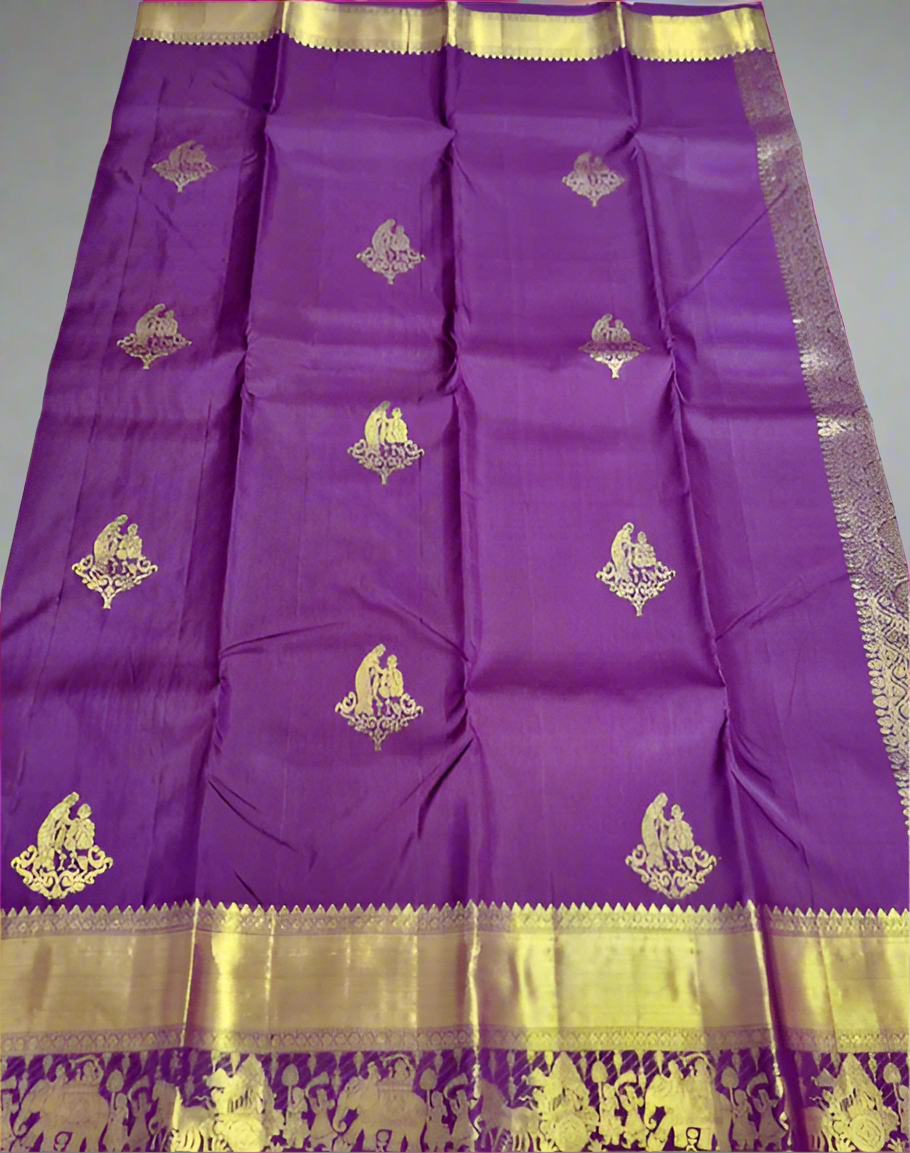 Pure Handloom Kanjeevaram Silk  - Royal Purple & Golden Zari Marriage theme
