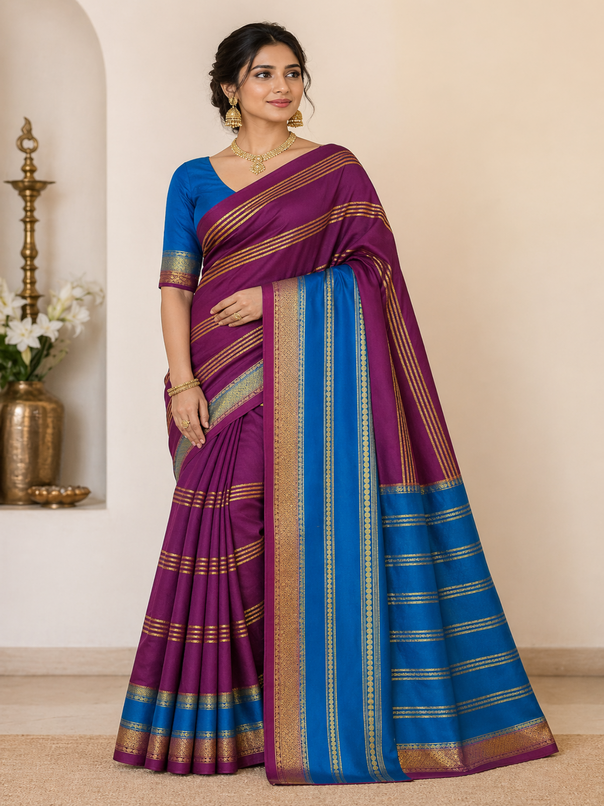 Pure Mysore Crepe Silk - Magenta & Blue 2D Design