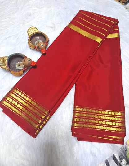 Pure Mysore Crepe Silk- Hot red golden Zari lines