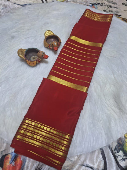 Pure Mysore Crepe Silk- Hot red golden Zari lines