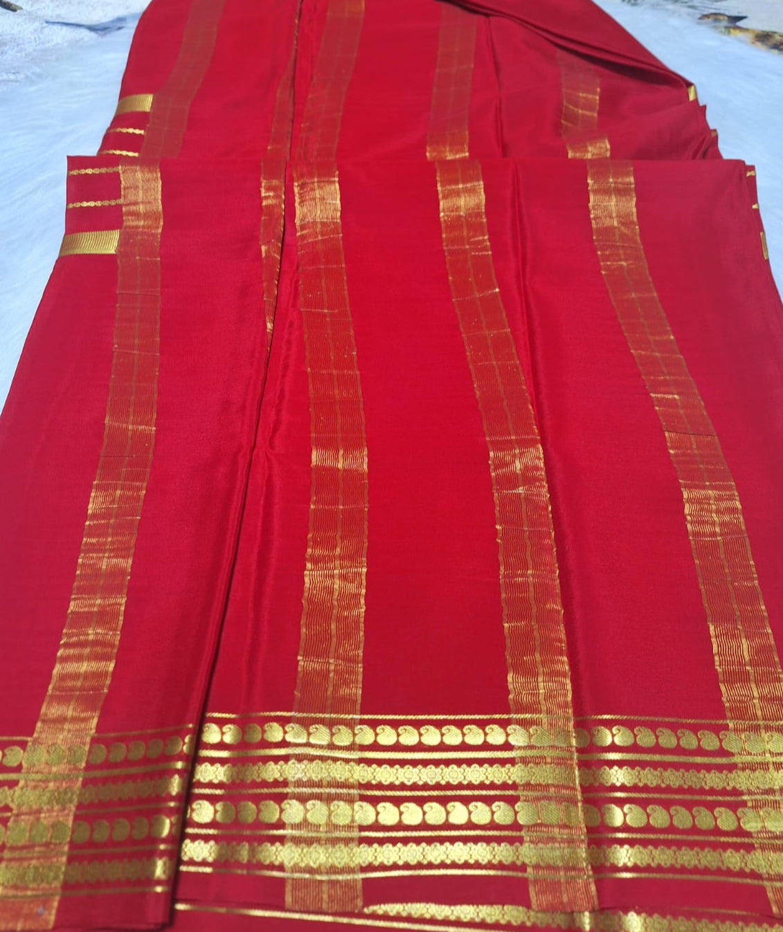 Pure Mysore Crepe Silk- Hot red golden Zari lines