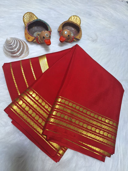 Pure Mysore Crepe Silk- Hot red golden Zari lines