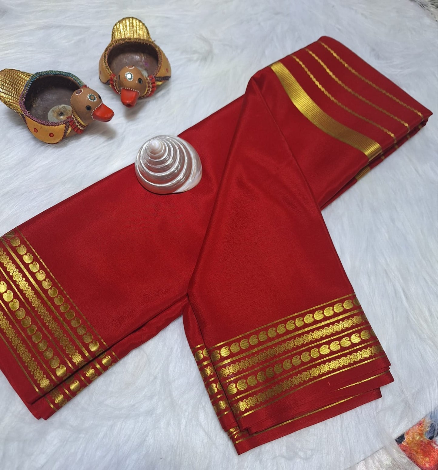 Pure Mysore Crepe Silk- Hot red golden Zari lines