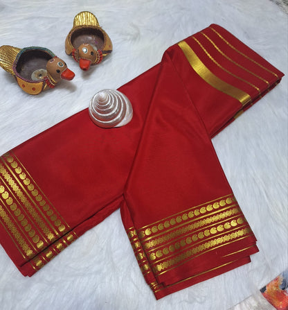 Pure Mysore Crepe Silk- Hot red golden Zari lines