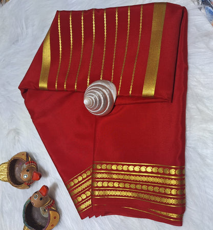 Pure Mysore Crepe Silk- Hot red golden Zari lines