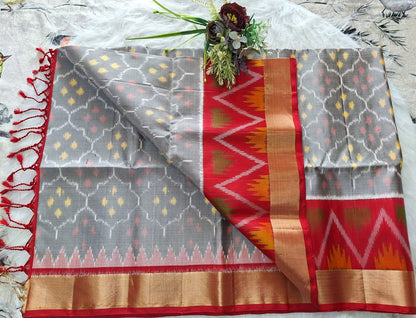 Pure Handloom Soft Silk - Grey-Red Pochampally Ikat pattern