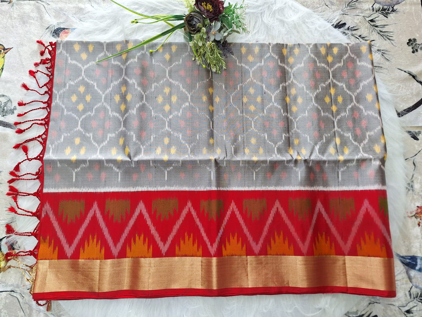 Pure Handloom Soft Silk - Grey-Red Pochampally Ikat pattern