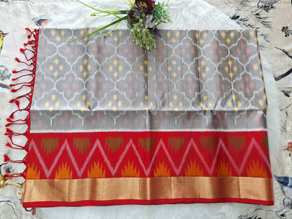 Pure Handloom Soft Silk - Grey-Red Pochampally Ikat pattern