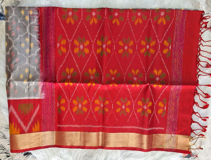 Pure Handloom Soft Silk - Grey-Red Pochampally Ikat pattern