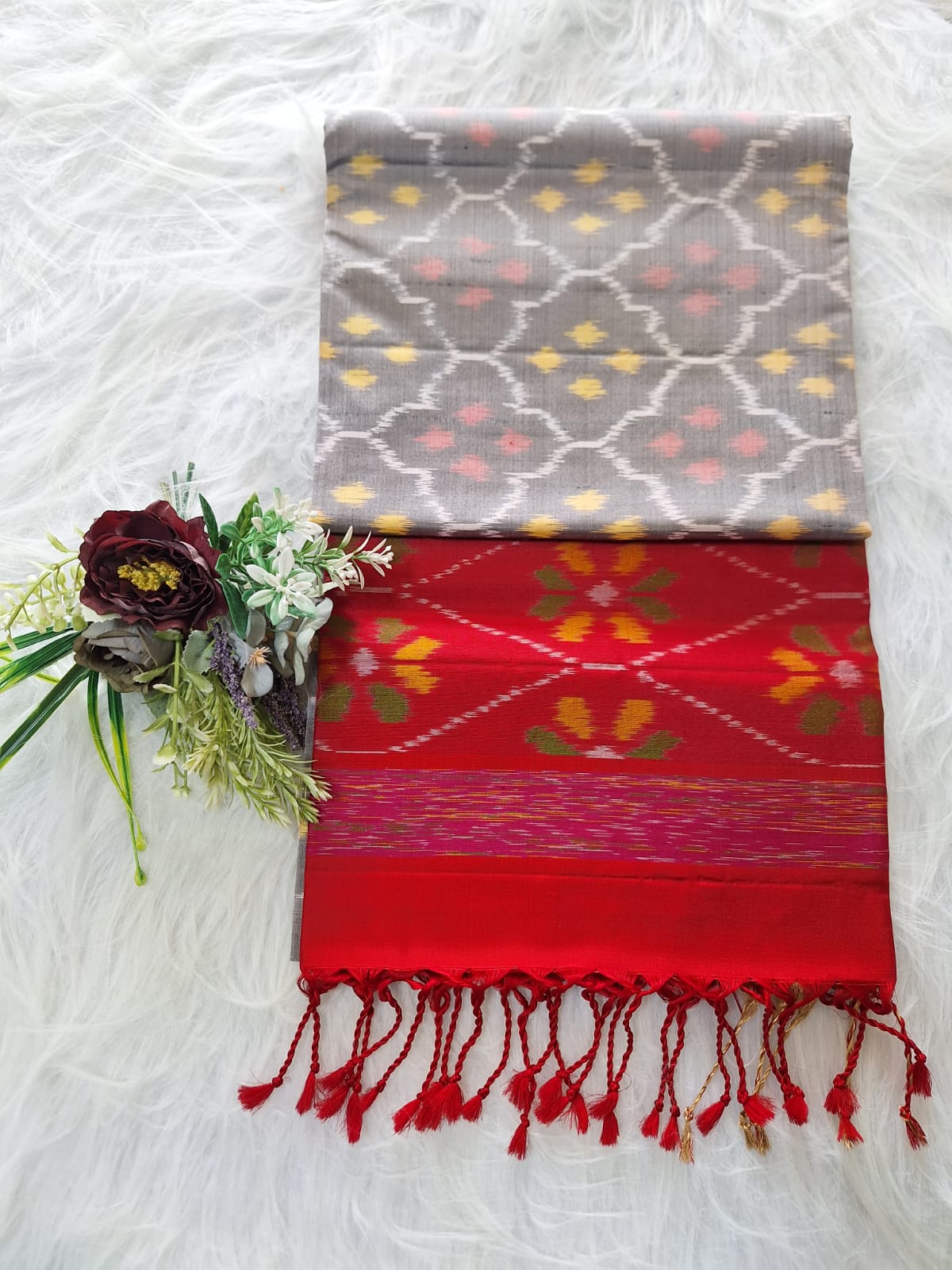 Pure Handloom Soft Silk - Grey-Red Pochampally Ikat pattern