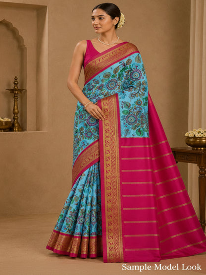 Pure Mysore Crepe Silk - Blue & Rani Pink Flower Kalamkari