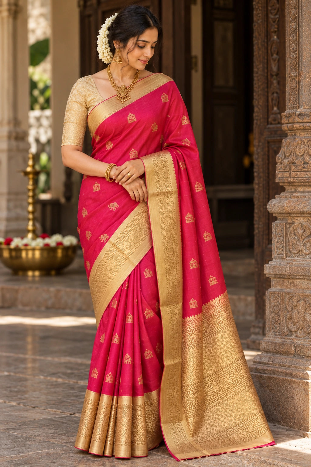 Pure Handloom Silk Kanjeevaram - Coral color with Elephant & Temple Motif