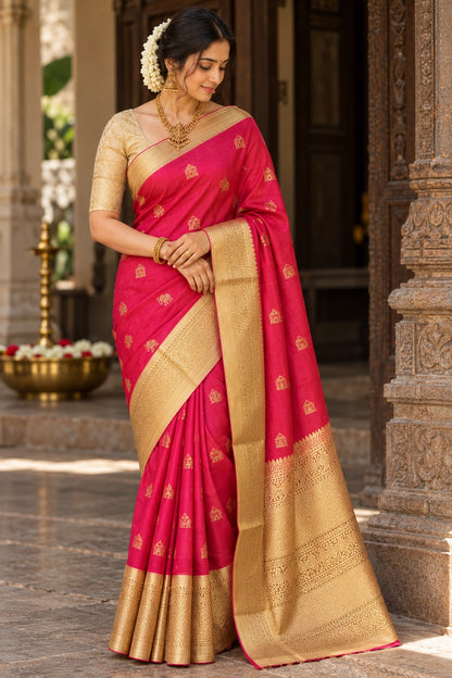 Pure Handloom Silk Kanjeevaram - Coral color with Elephant & Temple Motif