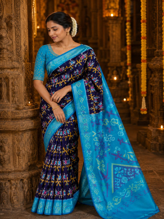 Pure Handloom Soft Silk-Navy-Blue Pochampally Ikat