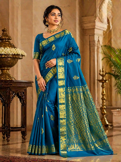 Pure Handloom Kanjeevaram Silk - Azure Blue marriage theme with golden zari border